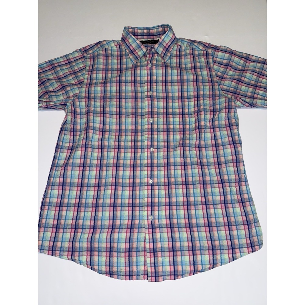 Grant Thomas Men Medium Button Up Shirt Plaid Seersucker Cotton Multicolor Top